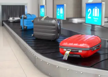Baggage claim in airport terminal. Suitcases on the airport luggage conveyor belt. 3d illustration