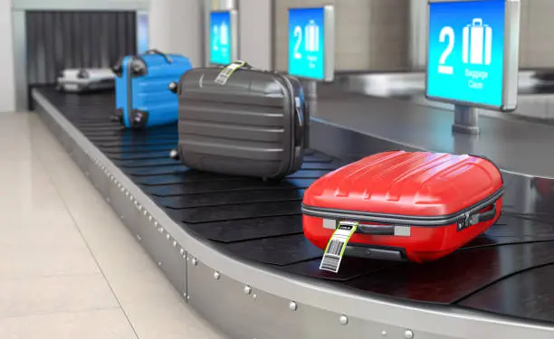 Baggage claim in airport terminal. Suitcases on the airport luggage conveyor belt. 3d illustration