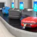 Baggage claim in airport terminal. Suitcases on the airport luggage conveyor belt. 3d illustration